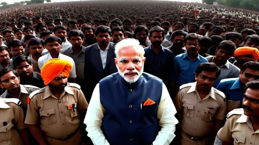 Prompt: Narendra Modi in many people cinematic dark look top camera view, wide angle