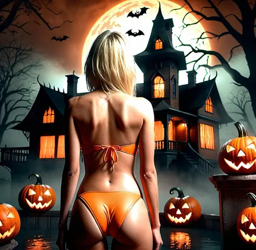 Prompt: Blonde woman wearing a pumpkin textured two piece swimsuit, Ambreen posterior facing away, haunted house interior, foggy atmosphere, slightly scared expression, high quality, detailed, photorealism, spooky, Halloween, orange tones, eerie lighting, anime style, animated, 3D, HD, HDR, 4KBlonde woman wearing a pumpkin textured two piece swimsuit, haunted house interior, foggy atmosphere, slightly scared expression, high quality, detailed, photorealism, spooky, Halloween, orange tones, eerie lighting, anime style, animated, 3D, HD, HDR, 4K