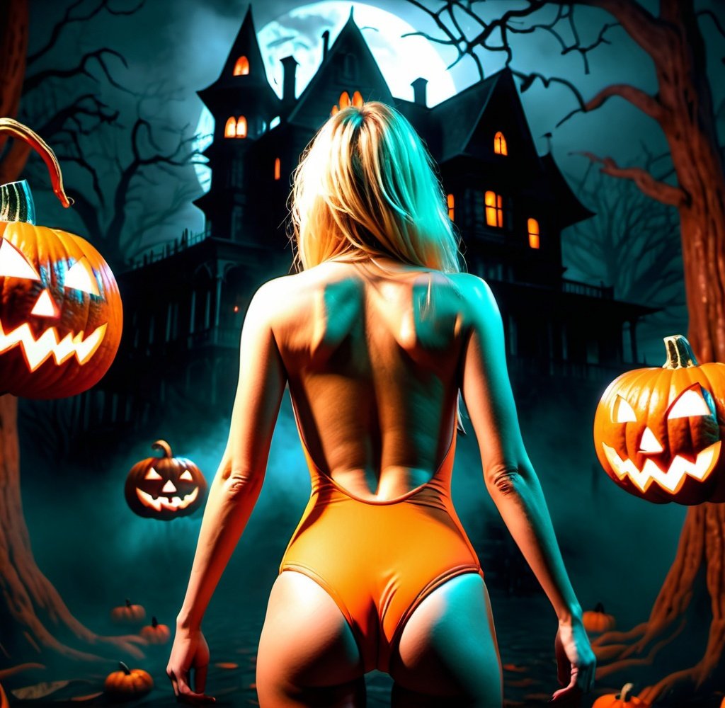 Prompt: Blonde woman wearing a pumpkin textured two piece swimsuit, Ambreen posterior facing away, haunted house interior, foggy atmosphere, slightly scared expression, high quality, detailed, photorealism, spooky, Halloween, orange tones, eerie lighting, anime style, animated, 3D, HD, HDR, 4KBlonde woman wearing a pumpkin textured two piece swimsuit, haunted house interior, foggy atmosphere, slightly scared expression, high quality, detailed, photorealism, spooky, Halloween, orange tones, eerie lighting, anime style, animated, 3D, HD, HDR, 4K