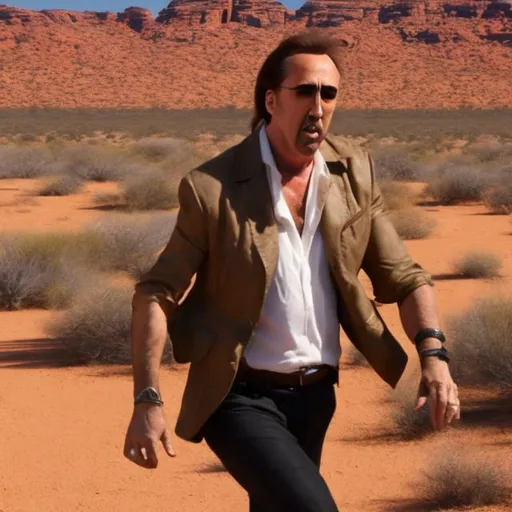 Prompt: Pá Nicholas cage pastiche, reforcing his fine musculature in the great outback 
