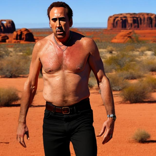 Prompt: Pá Nicholas cage pastiche, reforcing his fine musculature in the great outback 