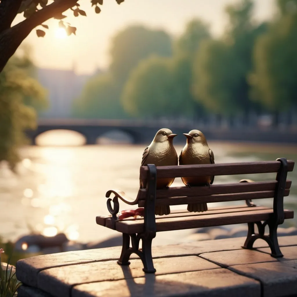 Prompt: bokeh, romantic, river, two loving birds in a bench, delicate detail, unreal engine
