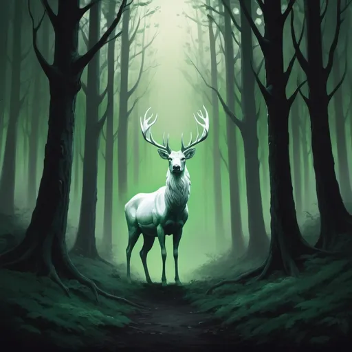 Prompt: paint me a glowing white stagg that is standing far away and facing straight ahead, in a very dark green forest, in painting style