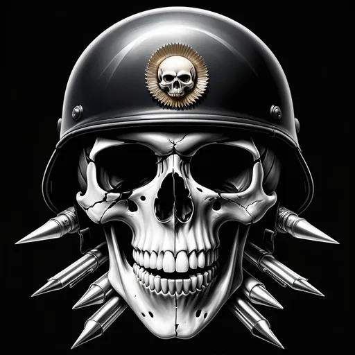 Prompt: A white skull with a bullet being caught between it's teeth. Skull is wearing modern military helmet. a black background, ESAO, realism, black background, a tattoo. 