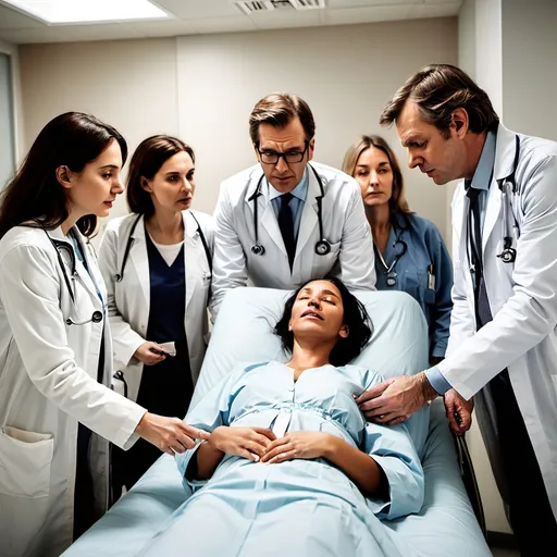 Prompt: /imagine 3 woman doctors and two men doctors dressed in white jackets surrounding a patient in a hospital bed