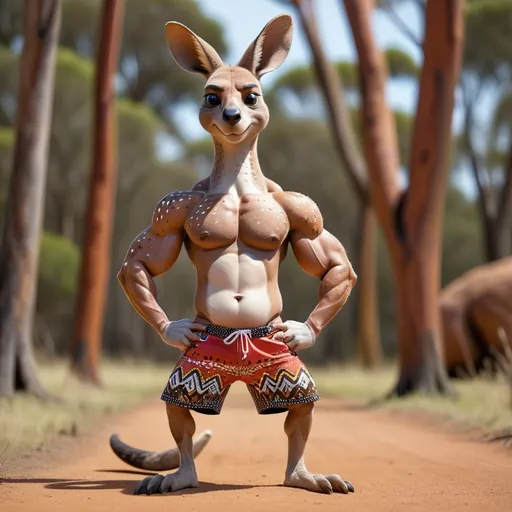 Prompt: A kangaroo with a strong, bodybuilder physique, wearing Aboriginal dot-paint patterned shorts, posing while flexing its tail and biceps.