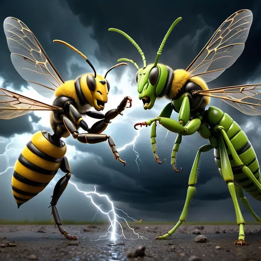 Prompt: Create a highly detailed scene where a powerful, muscular Bee and a large, charging Grasshopper are facing each other in an intense standoff. Both animals should appear visibly angry, with the Bee beating its chest and the Grasshopper preparing to charge, snorting with flared nostrils. The background should reflect the tension with dark, stormy clouds, lightning flashing in the distance, and rugged terrain featuring broken trees and rocks, matching the fierce energy between the two.