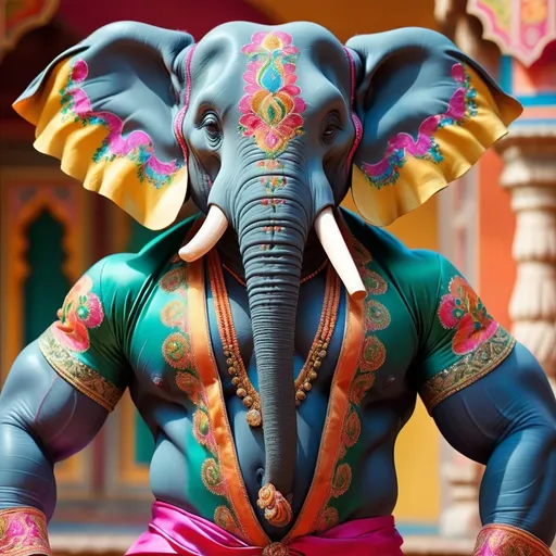 Prompt: An elephant bodybuilder, dressed in a colorful silk sherwani with intricate patterns, flexing its massive trunk and muscles.