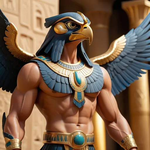 Prompt: A muscular falcon (symbolizing Horus), wearing a Pharaoh's headdress and gold jewelry, standing tall with defined abs and wings.