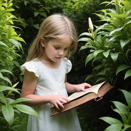 Prompt: Girl aged 5 named Lily discovering the mysterious old book hidden behind bushes in her backyard.