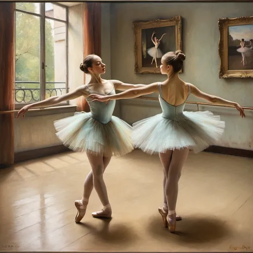 Prompt: a couple of ballerinas are in a dance pose together in a painting by a professional photographer and a professional photographer, Edgar Degas, figurative art, highly detailed oil painting, a photorealistic painting