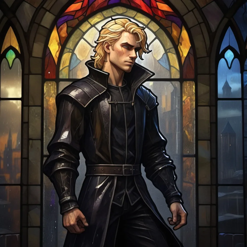 Prompt: a male character with blonde hair and a black outfit, rendered in a realistic style. The character is standing in a dynamic pose, showcasing their outfit and features. The environment is a dark and gritty mediaval city, with rain pouring down. The lighting is dramatic, with a strong contrast between light and shadow. The colors are dark and muted