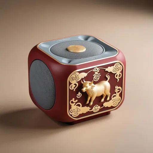 Prompt: Photorealistic studio photography of a compact Bluetooth speaker designed with an Oriental theme, featuring auspicious clouds and lucky animal motifs. The speaker should be in vibrant earthy tones, including metallic gold (#D4AF37), deep red (#C40000), bright gold (#FFD700), and light gray (#E0E0E0). The design should showcase modern functionality with an emphasis on sophistication and elegance. Ensure the image is high-quality and ultra-detailed, with perfect lighting and intricate shadows that accentuate the contours of the speaker. Highlight visually striking features and create a harmonious design that blends traditional motifs with contemporary influences, making it suitable for modern interiors.