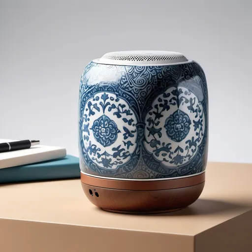 Prompt: Photorealistic studio photography of a compact Bluetooth speaker designed in an Oriental blue and white porcelain style, featuring vibrant earthy tones like teal (#008080), white (#FFFFFF), dark gray (#333333), and saddle brown (#8B4513). The speaker should embody modern functionality with a sophisticated and elegant design. Emphasize high-quality, ultra-detailed visuals with perfect lighting and intricate shadows that enhance the contours of the speaker. The design should blend traditional oriental aesthetics with contemporary influences, making it ideal for modern interiors. Highlight visually striking features that showcase the harmonious integration of classic and modern elements.