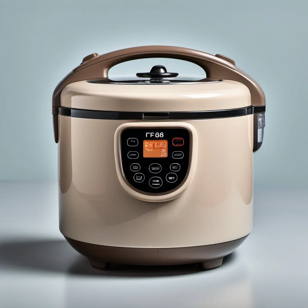 Prompt: Product Design, Rice cooker,  studio photography with grey background, Japanese aesthetics: simplicity, nature, and Zen, Using Color: #F5F5DC (beige) #808080 (gray) #008080 (cyan) #8B4513 (brown)