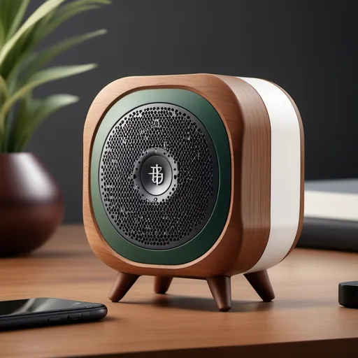 Prompt: Photorealistic studio photography of a compact Bluetooth speaker designed in an Oriental modern Chinese style. The design should feature vibrant earthy tones, including saddle brown (#8B4513), dark gray (#A9A9A9), white (#FFFFFF), and forest green (#228B22). Emphasize modern functionality with a touch of sophistication, highlighting visually striking features that blend traditional Chinese aesthetics with contemporary design elements. The image should be high-quality and ultra-detailed, with perfect lighting and intricate shadows that enhance the speaker's contours. The overall design should convey a harmonious balance of tradition and modernity, making it ideal for modern interiors.