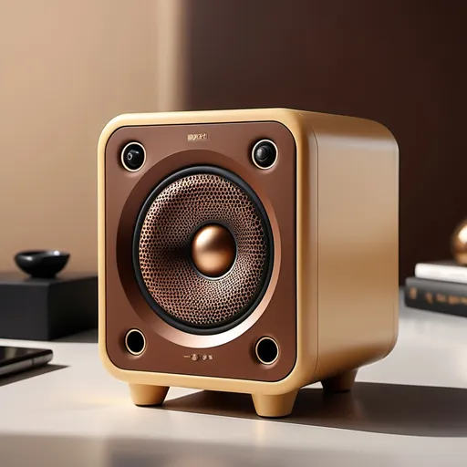 Prompt: photorealistic studio photography, Compact Bluetooth Speaker design, (Oriental Classical and elegant style), vibrant earthy tones (#8B4513 brown, #D2691E chocolate, #F0E68C pale gold, #FFF8DC cream), high-quality ultra-detailed image, (modern functionality), (sophistication), perfect lighting, intricate shadows enhancing contours, visually striking features, harmonious design blending tradition with contemporary influences, ideal for modern interiors.