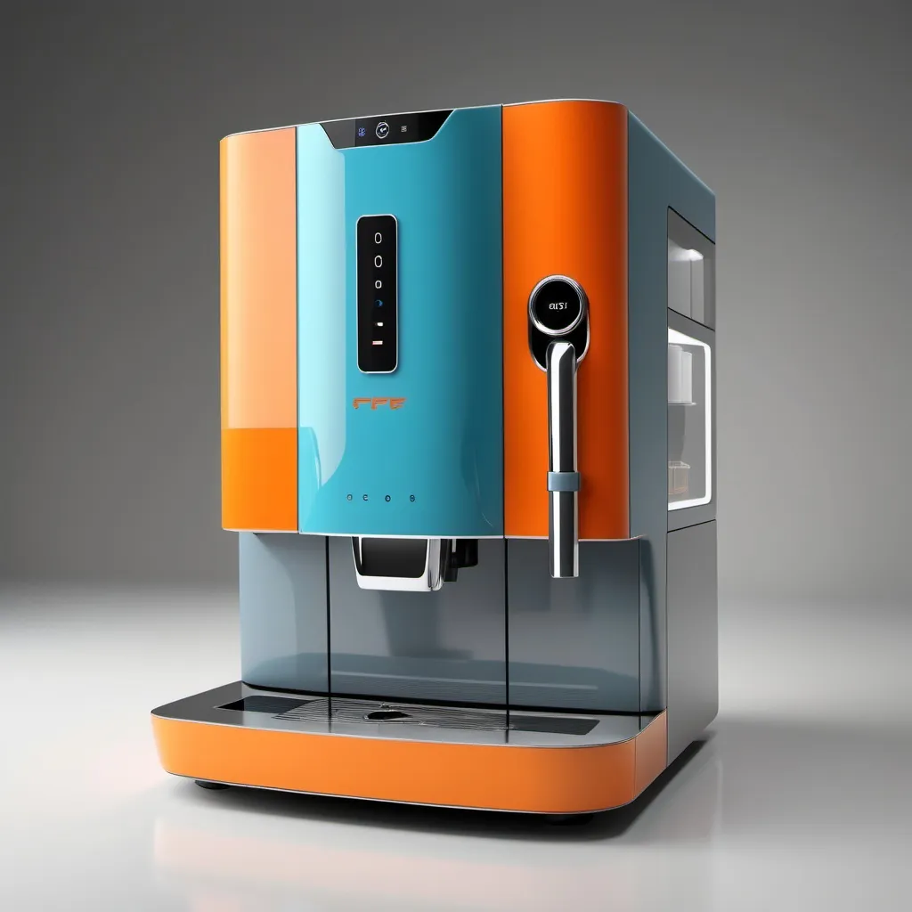 Prompt: Product Design, Professional Coffee Machine, Futuristic, Technological, Avant-garde, Innovation, Using Color: #007FFF (Blue) #FFA500 (Orange) #808080 (Gray) #00FFFF (Cyan)