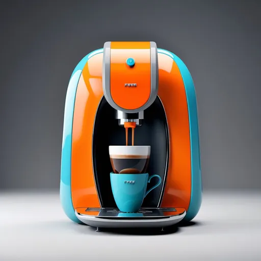 Prompt: Product Design, Coffee Machine, Futuristic, Technological, Avant-garde, Innovation, Using Color: #007FFF (Blue) #FFA500 (Orange) #808080 (Gray) #00FFFF (Cyan)