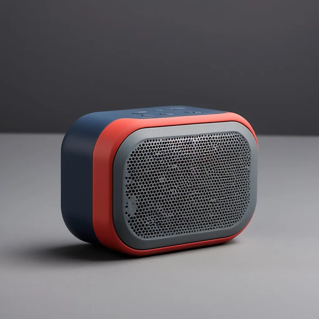 Prompt: Product Design, compact bluetooth speaker, studio photography with grey background, Industrial style: rough, primitive, textured, Using Color: #696969 (dark gray) #B22222 (brick red) #000080 (navy blue) #A9A9A9 (dark silver)