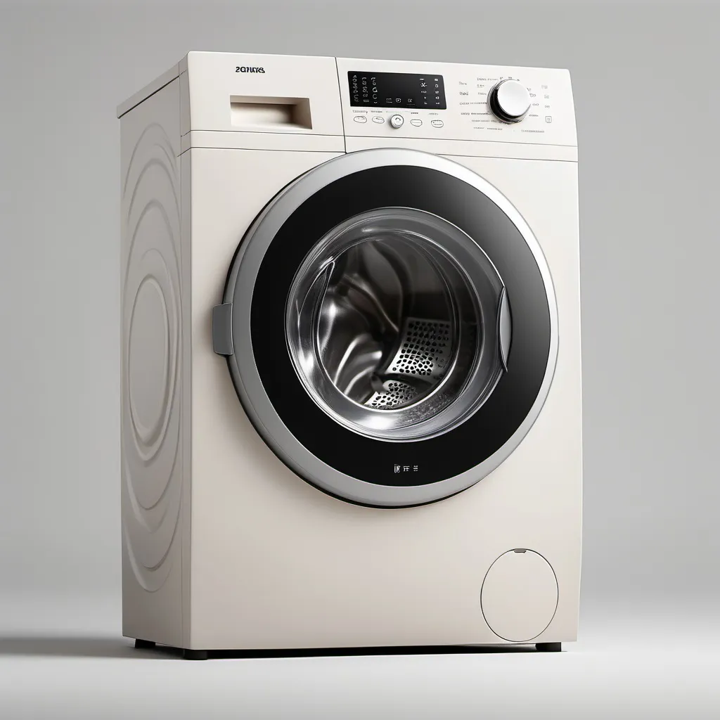 Prompt: Product Design, washing machine, studio photography with grey background, Nordic style: simple, practical and comfortable, Using Color: #F0FFF0 (snow white) #A9A9A9 (dark silver) #8B4513 (brown) #FAEBD7 (ivory white)