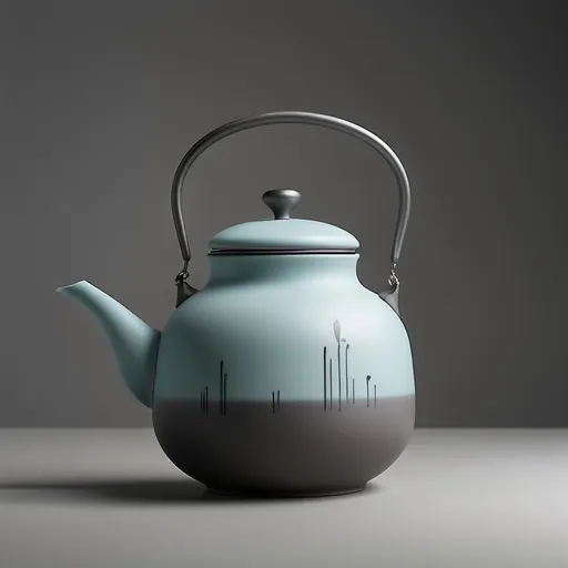 Prompt: (studio photography) coffee pot design, (Oriental Ink Zen style), high-quality ultra-detailed image, serene and minimalist composition, grey background, muted tones of charcoal grey, calming silver, soft off-white, and tranquil light cyan, reflecting elegance and serenity, emphasizing modern functionality and sophistication, perfect light, shadows enhancing contours.