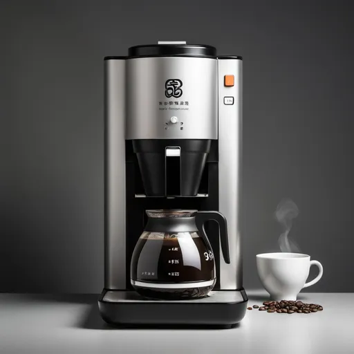 Prompt: Product Design, Coffee brewer machine, studio photography with a grey background, Oriental Ink Zen style, Using Color: #333333,	#808080, #DCDCDC, #E0FFFF