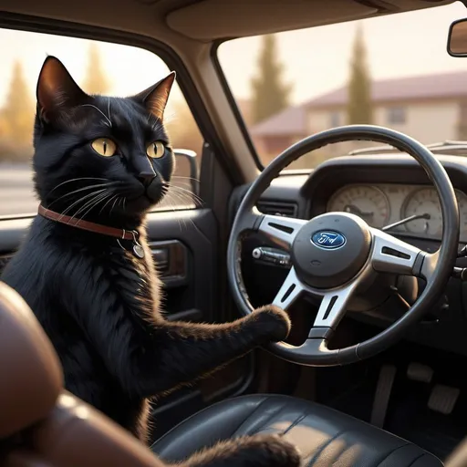 Prompt: Black cat driving a Ford car from passenger seat, detailed cat with paws on steering wheel, mechanism for reaching pedals, realistic representation, highres, detailed fur, realistic, cozy interior, warm lighting, detailed car interior, professional, warm tones, realistic, detailed eyes, car driving, cat, cozy, warm lighting