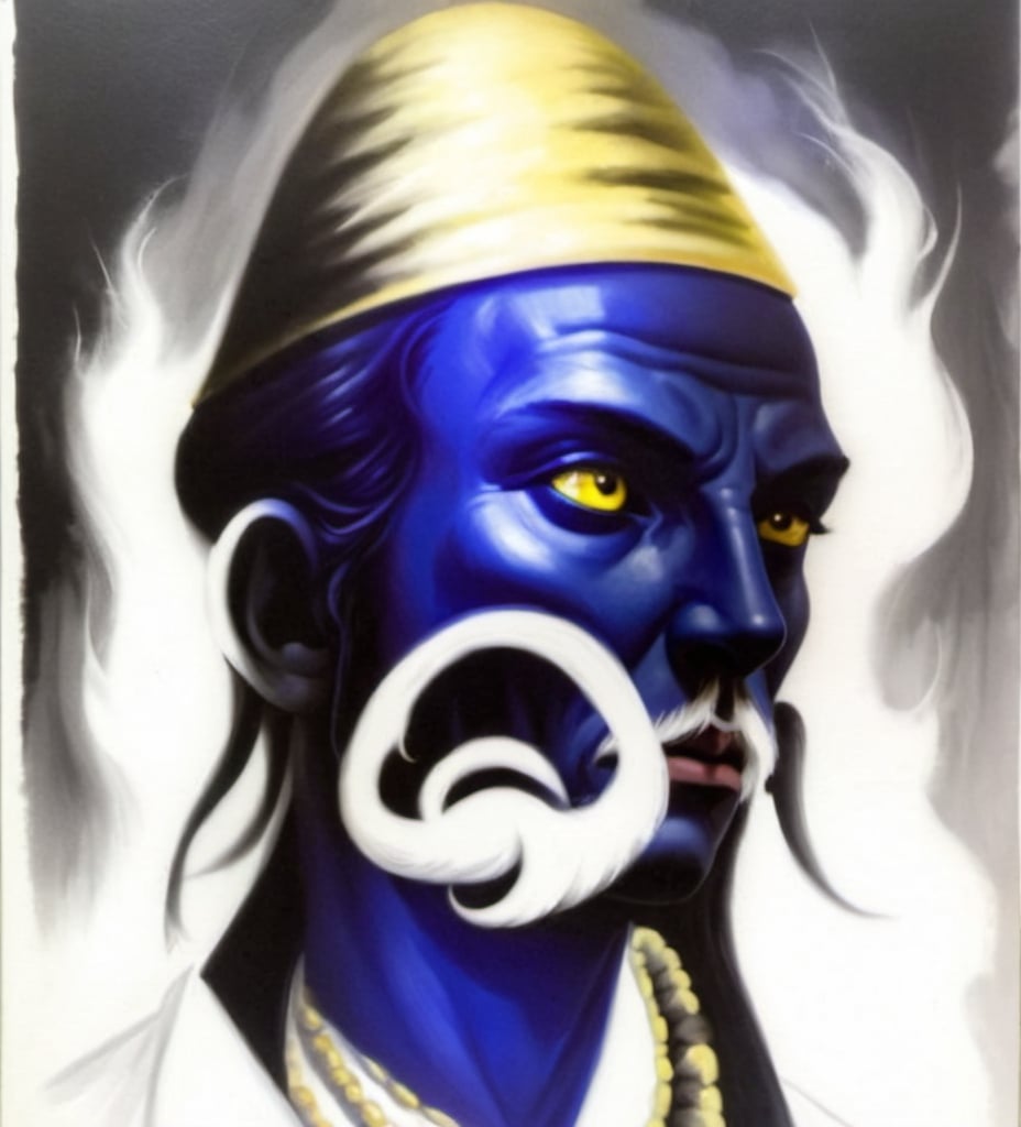 Prompt: a man with a blue face and a yellow hat on his head and a white beard and mustache and a black and white background, Bapu, metaphysical painting, character portrait, a character portrait