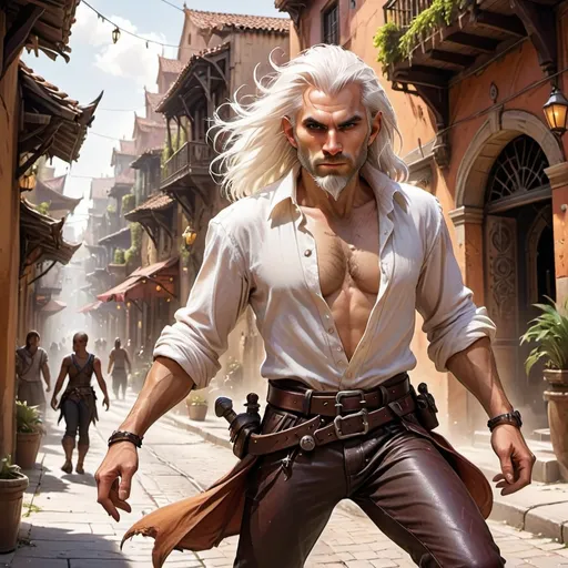 Prompt: Dungeons and Dragons character (male), (dynamic pose), wearing an (open shirt and leather pants), (long white hair), (salt and pepper beard), he looks gruff, suave, striding confidently down a bustling street, urban desert city setting, rich and vibrant colors, (fantasy theme), ultra-detailed, magical elements swirling around, immersive ambiance filled with adventure, sun-drenched streets, exotic architecture, lively atmosphere, captivating magical creatures in the background, high-quality detail, cinematic depth, engaging visual storytelling.