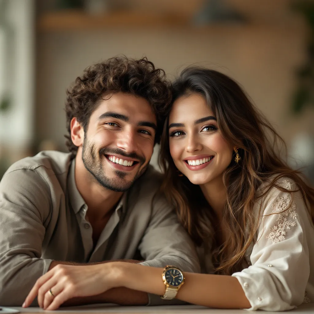Prompt: Bright smiles radiate from a young couple seated closely at a table, exuding warmth and camaraderie. The man, with curly hair and a neatly trimmed beard, leans in, showcasing a wide grin, while the woman next to him, with long wavy hair, gazes playfully at the camera with a subtle smile. She wears a light-colored traditional outfit adorned with delicate lace embellishments, complemented by a stylish watch on her wrist. The background is softly blurred, hinting at an indoor setting, possibly a café or workspace, where the warm, neutral tones create a friendly atmosphere. This candid moment captures their lively bond and a casual, joyful mood, filled with the essence of friendship or affection.