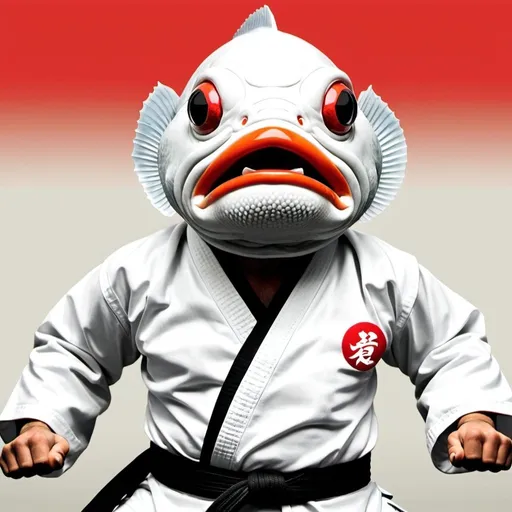 Prompt: Kung Fu Fish, a silly image of a person wearing a karate gi but their head is a fishhead 