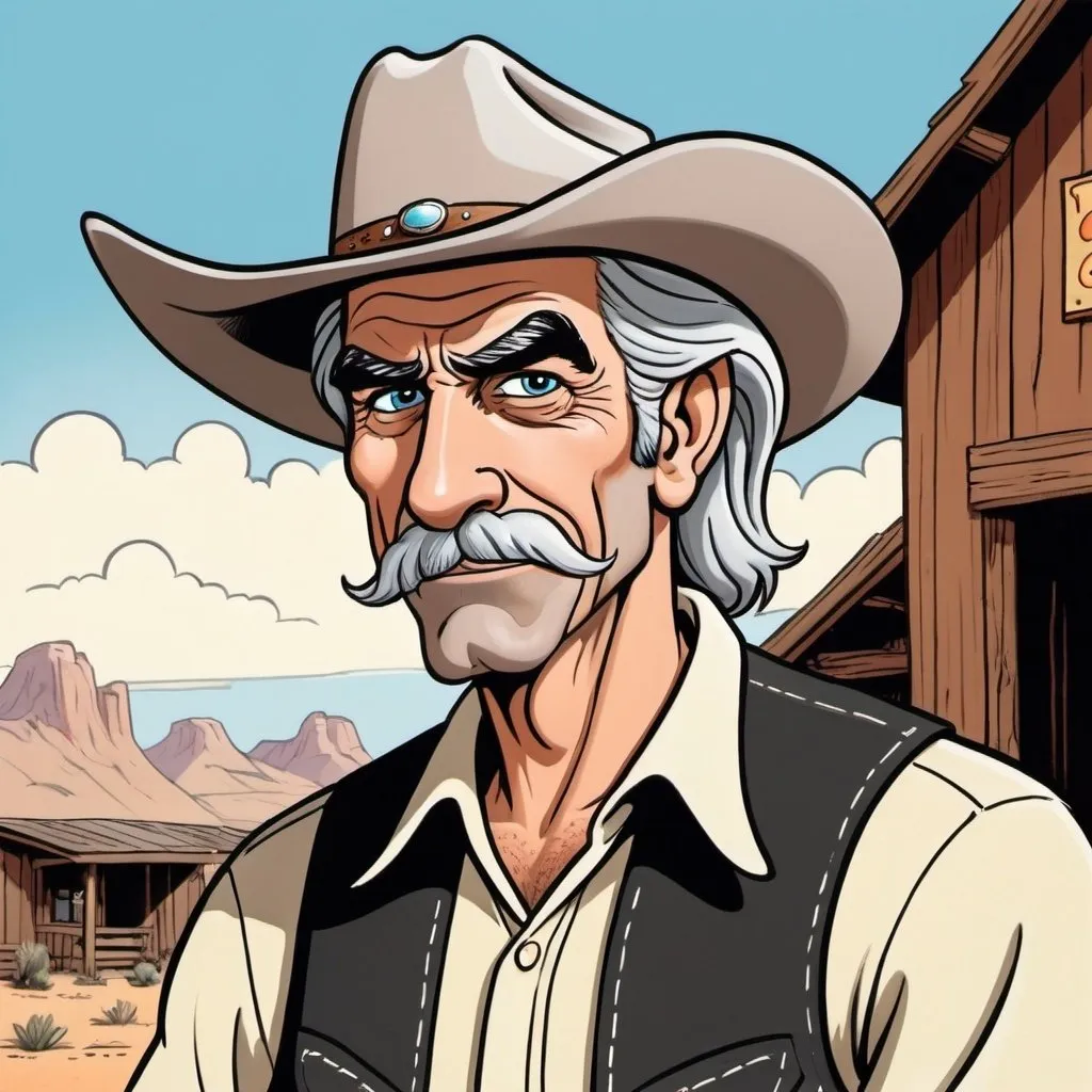 Prompt: Sam Elliott as a cowboy drawn in John Kricfalusi's art style, cowboy, drawn in the art style of the Ren & Stimpy cartoons, exaggerated cartoon,