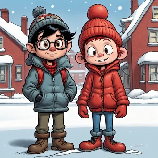 Prompt: two kids drawn in John Kricfalusi's art style, they wear knit caps and winter jackets one kid is has black hair is taller and wears glasses the other kid is shorter does not have glasses but has short curly red hair and freckles, drawn in the art style of the Ren & Stimpy cartoons, exaggerated cartoon, one kid has glasses the other does not wear glasses, one kid DOES NOT WEAR GLASSES ON HIS FACE