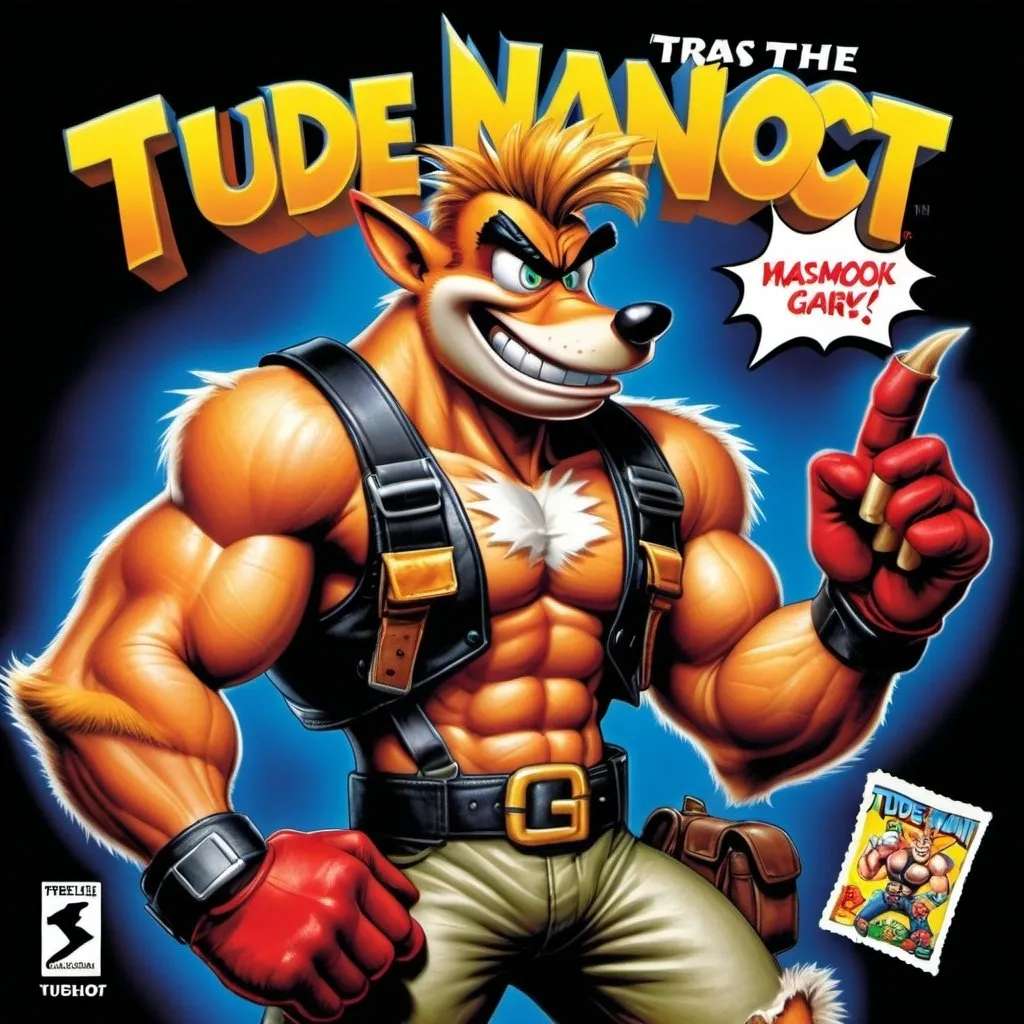 Prompt: crash bandicoot dressed as duke nukem, silly animal mascot wearing tank top shirt and suspenders, pouches, utility belt, 1990's style, drawn by Rob Liefeld, chomping a cigar, many pouches on clothing, pouches on utility belt, fingerless gloves, black military pants, video game box art, video game cover, logo that says TUDE THE MAN