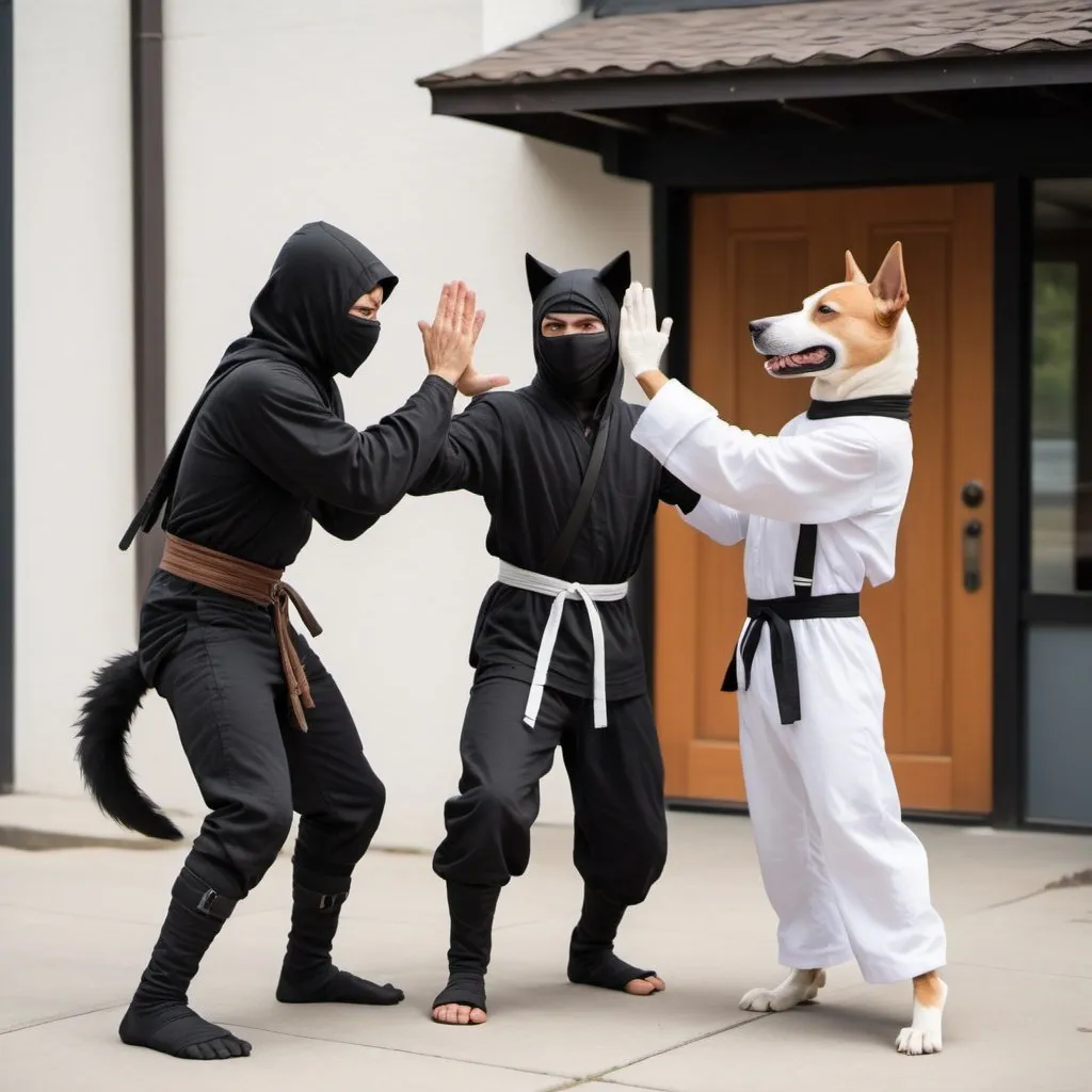 Prompt: A stereotypical ninja is high-fiving a humanoid dog who is wearing a white shirt pants and suspenders, the ninja is dressed in all black and a hood covers his face, the dog man has humanoid arms and hands, happy, fun, silly, wacky, friendly high-five, friendly gesture