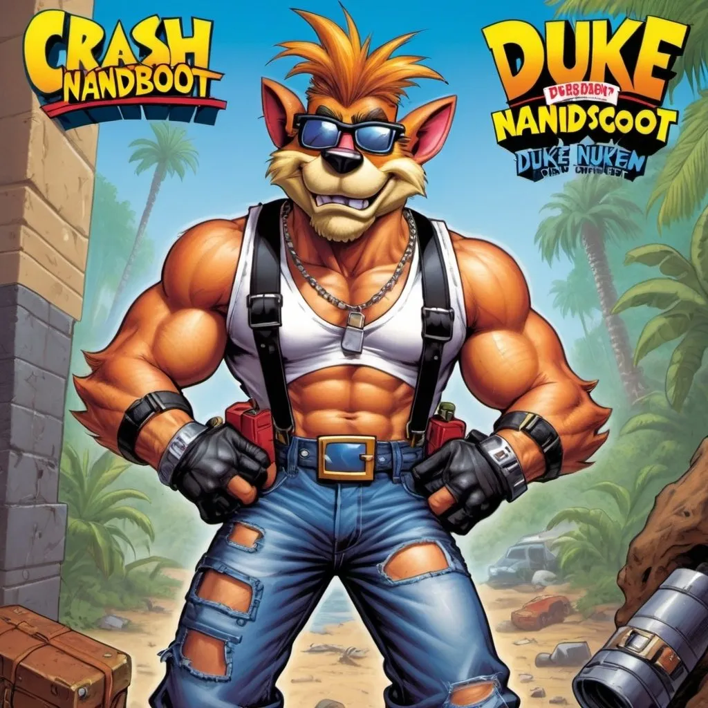 Prompt: crash bandicoot dressed as duke nukem, silly animal mascot wearing tank top and suspenders, pouches, utility belt, 1990's style, drawn by Rob Liefeld, many pouches on clothing, fingerless gloves, video game box art, video game cover