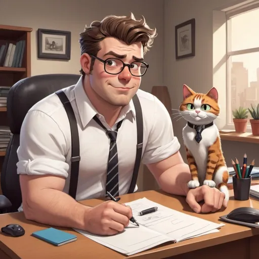 Prompt: a cartoony image of an average guy sitting at a desk, the guy is wearing a white button up shirt with suspenders, there is a cool cat sitting on his desk