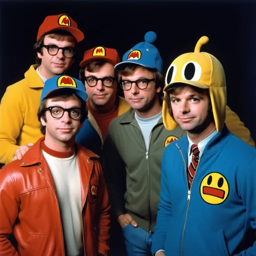 Prompt: Bob and Doug McKenzie from SCTV are interviewing Pac-man, Rick Moranis and Dave Thomas are stereotypical Canadians from the 1980's, they are wearing knit caps and jackets, Pac-Man from the 1982 cartoon is there