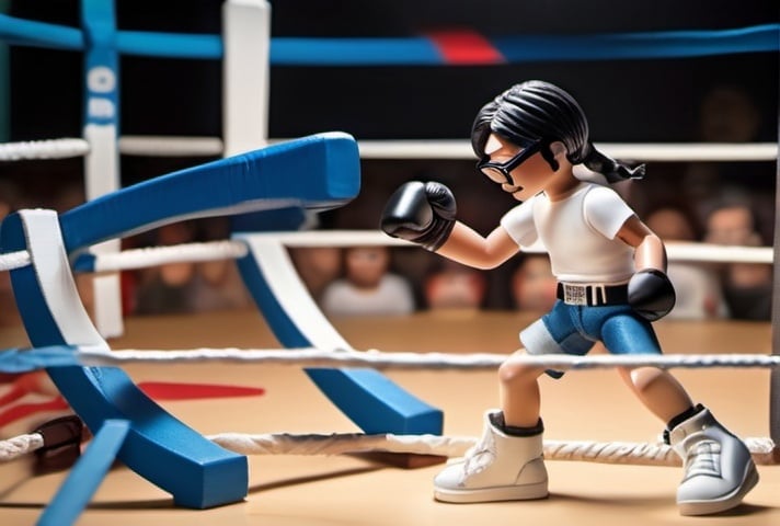 Prompt: a teenage boy with long black hair tied up in a ponytail is in a boxing match with a life-size playmobil figure, the boy is wearing glasses a white t-shirt and blue jeans, campy, silly, boxing ring background