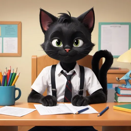 Prompt: a cartoony image of a kid sitting at a desk, the kid is wearing a white button up shirt with suspenders, there is a smiling black cat sitting on the desk
