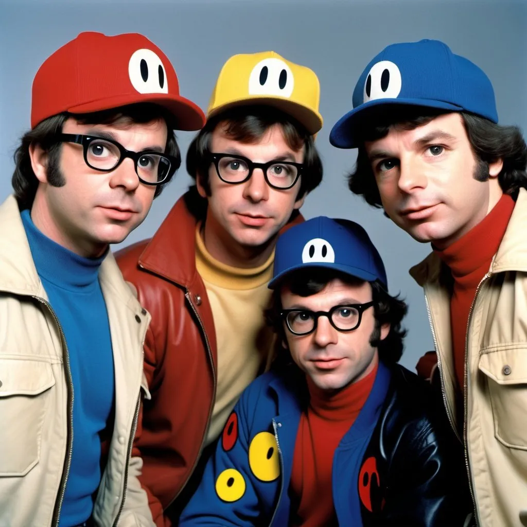 Prompt: Bob and Doug McKenzie from SCTV are interviewing Pac-man, Rick Moranis and Dave Thomas are stereotypical Canadians from the 1980's, they are wearing knit caps and jackets, Pac-Man from the 1982 cartoon is there