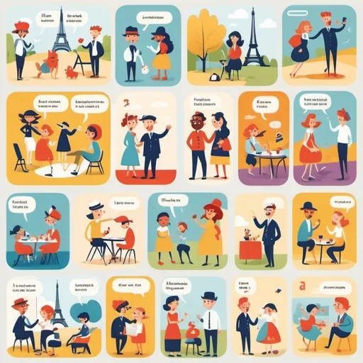 Prompt: (illustration), visual representations of French and English false friends, clear and engaging images, fun design, colors that pop, visually illustrative examples, informative but playful tone, background with minimal distractions, high detail, creative and educational theme, suitable for language learning.