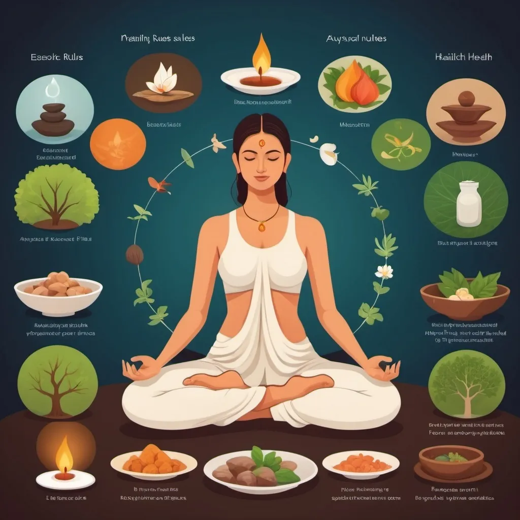 Prompt: Illustrate the essential rules for maintaining good health according to Ayurvedic principles. The image should include elements like balanced diet, regular exercise, proper sleep, meditation, and mindfulness. Each element can be represented visually, such as a balanced plate of food, a person meditating, or a serene nighttime scene.