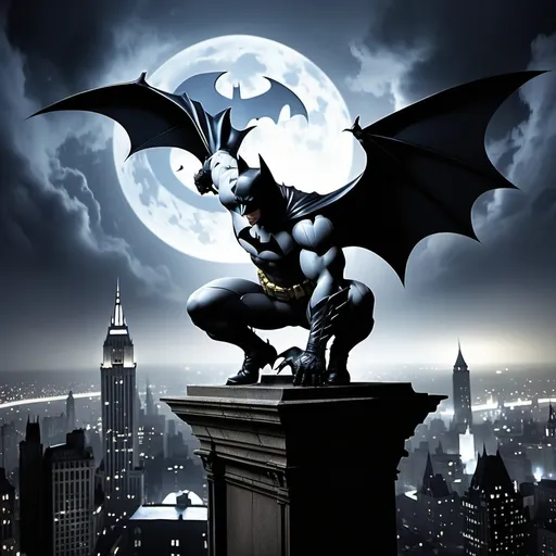 Prompt: 1. **Gotham Skyline**: Illustrate Batman standing on a gargoyle overlooking Gotham City at night, with the Bat-Signal shining in the sky. Enhance the atmosphere with dark clouds and a moonlit backdrop.