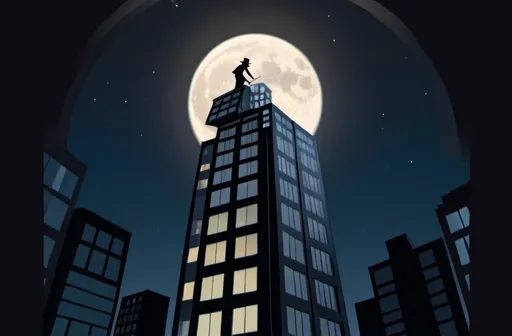 Prompt: Dark silhouette perspective drawing of  the top few floors of a dark skyscraper in the night sky with dark windows and a full moon to the right of the dark skyscraper, illuminating from the right and highlighting a lit clearly opened window on the top floor . In the near foreground of the full moon  and covering at least 1/3 of the moon's image and in high contrast with the moon, show a black  top hat upside-down 
falling out the window.  On the bottom of the image in large block letters insert the title " Defenestrate"