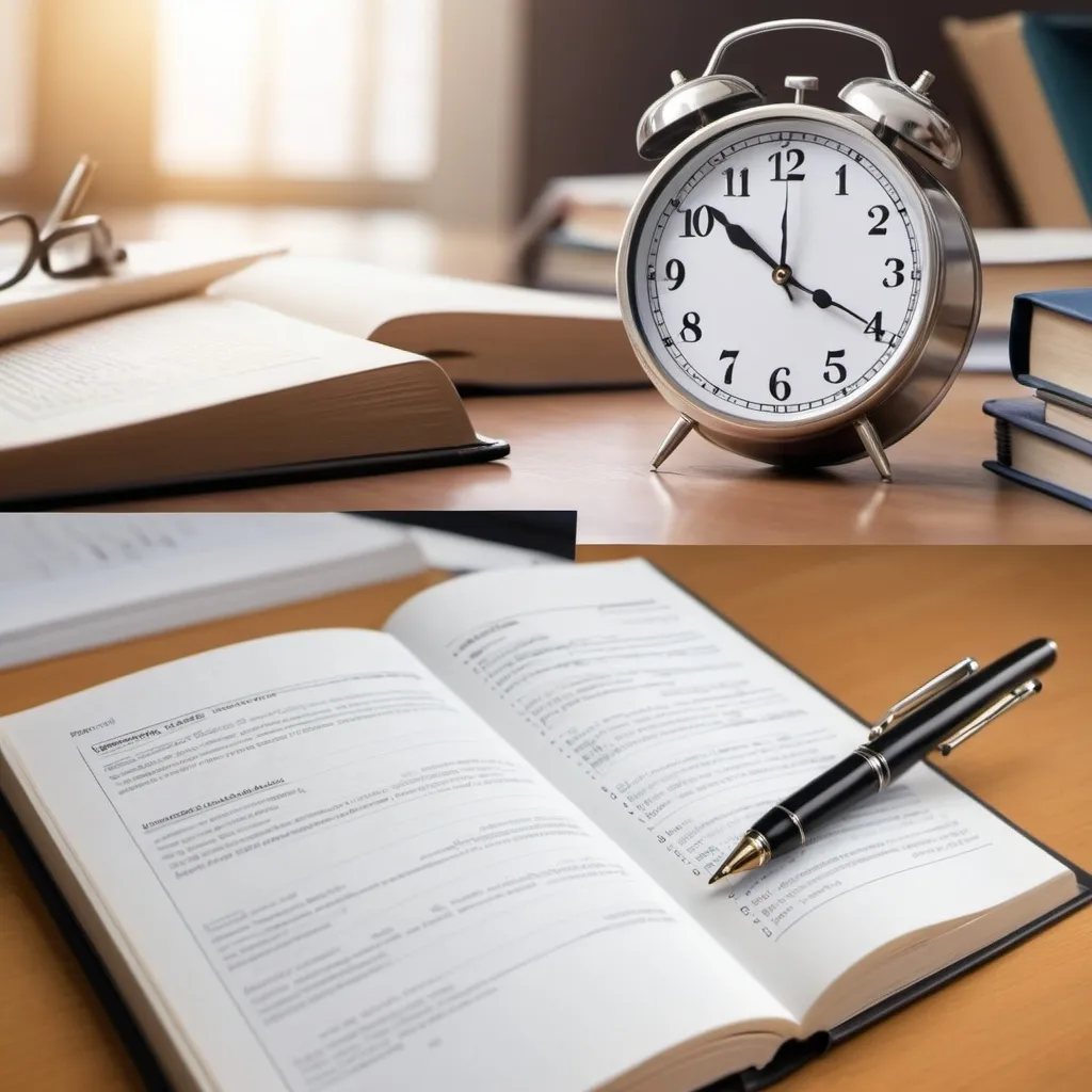 Prompt: Generate HD images related to "report for work" with no humans in these images, include one clock showing 8:00am, include a book and pen, use education/academic theme