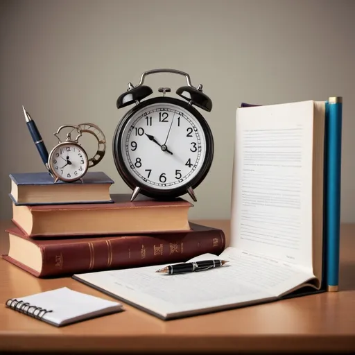 Prompt: Generate HD images related to "report for work" with no humans in these images, include a clock, include a book and pen