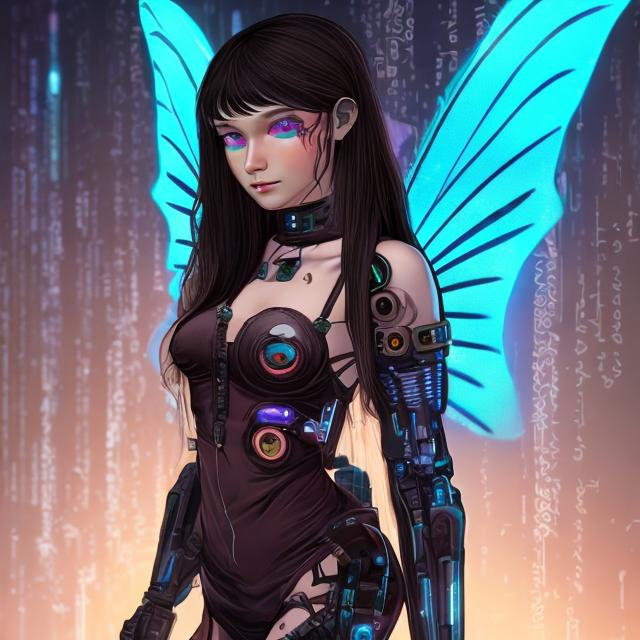 Prompt: cyberpunk adult galactic fairy with long black and brown hair 