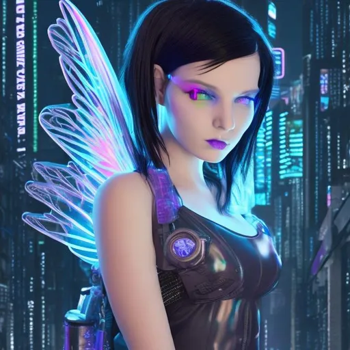 Prompt: cyberpunk adult galactic fairy with black hair 
